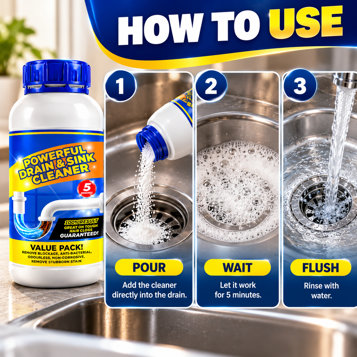 Sanitizo Drain Clog Remover – Powerful Sink & Pipe Cleaner, 100g x 4 Pack